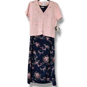 Vintage Dress Barn Petite 2 pc set sz 10P short sleeve pink button up cardigan